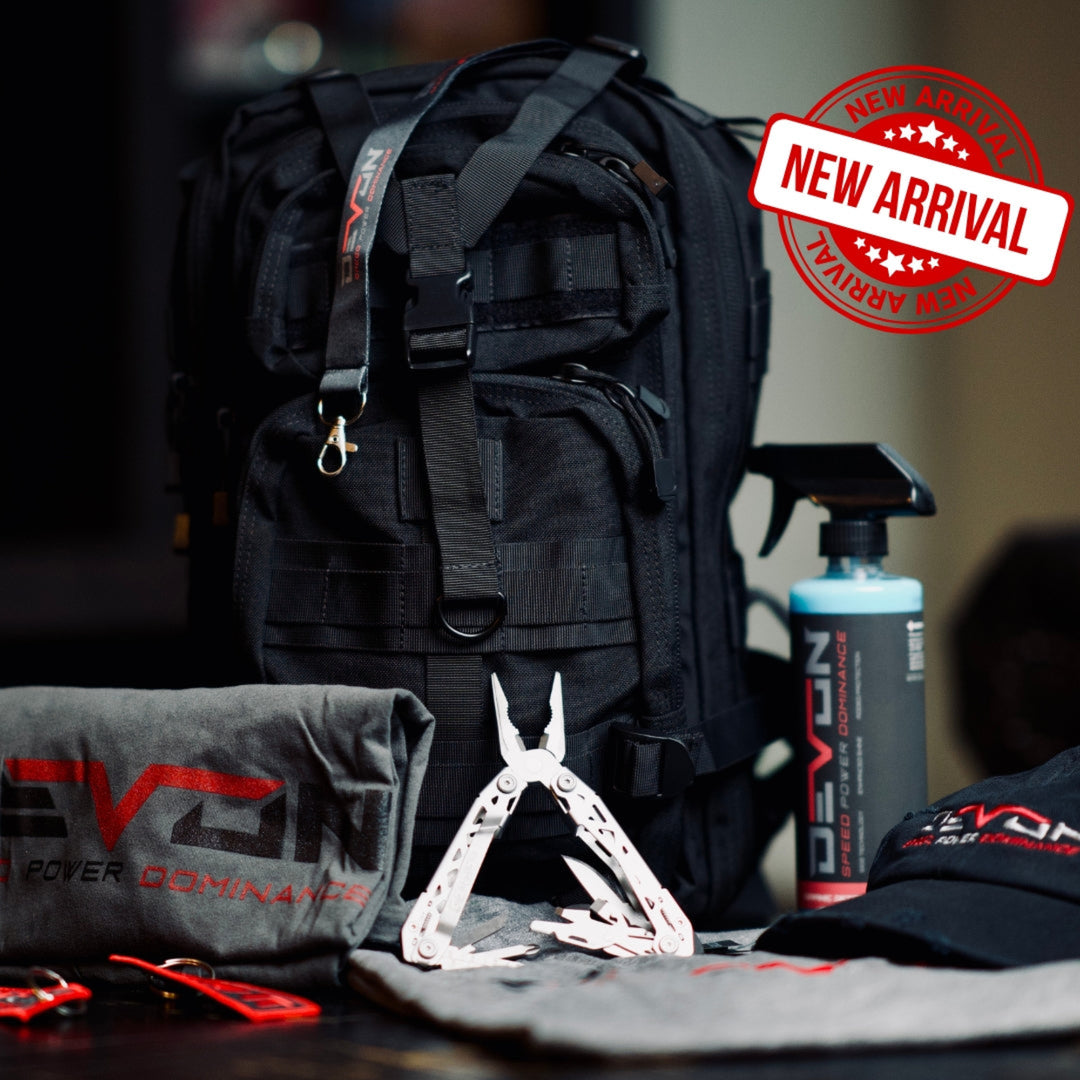 Devon Built Essentials Bundle with Condor backpack, multi-tool, tee, cap, and accessories, front view