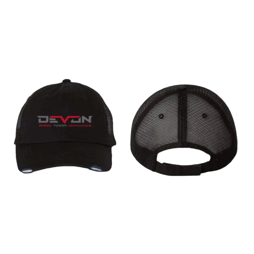 Devon Built distressed snapback hat with logo on front panel, alternate view