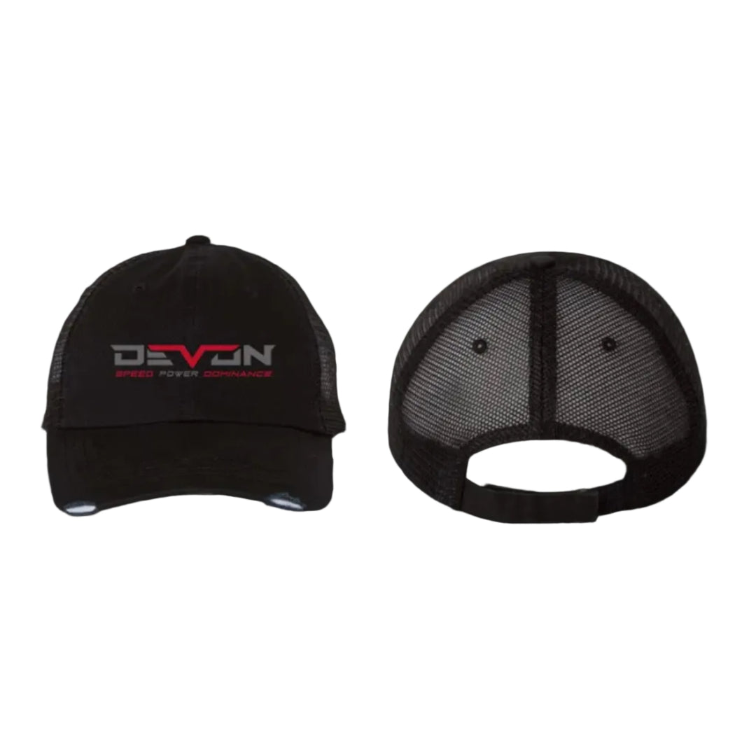 Devon Built distressed snapback hat with logo on front panel, alternate view