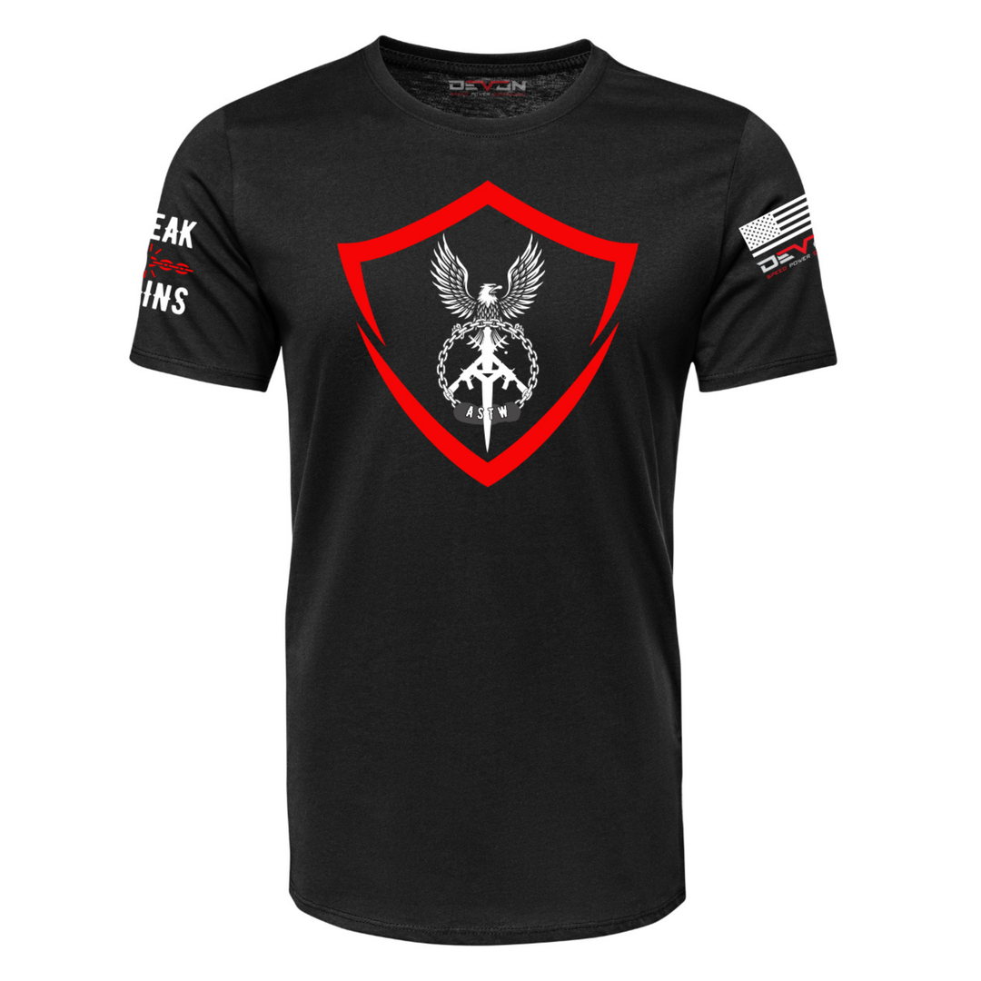Devon Built black Anti Sex Trafficking Warriors logo tee, front view