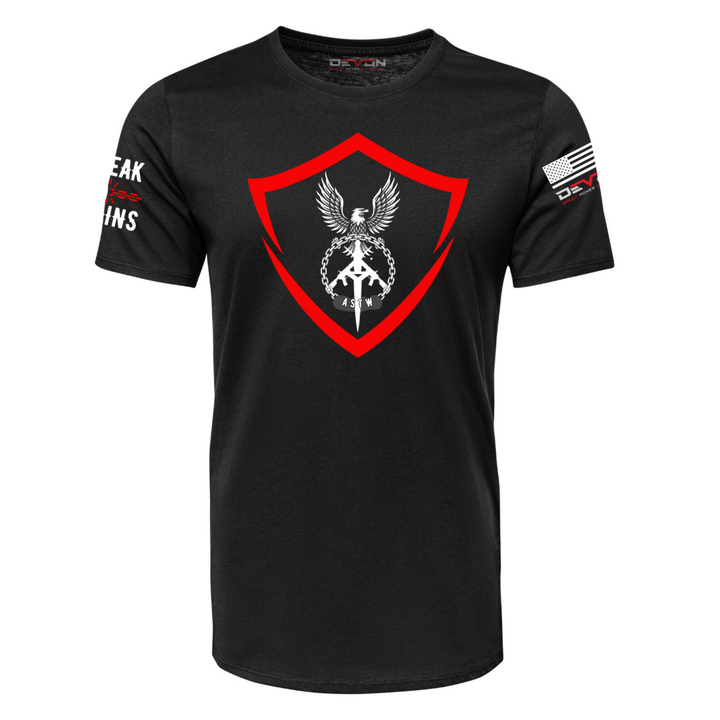 Devon Built black Anti Sex Trafficking Warriors logo tee, front view