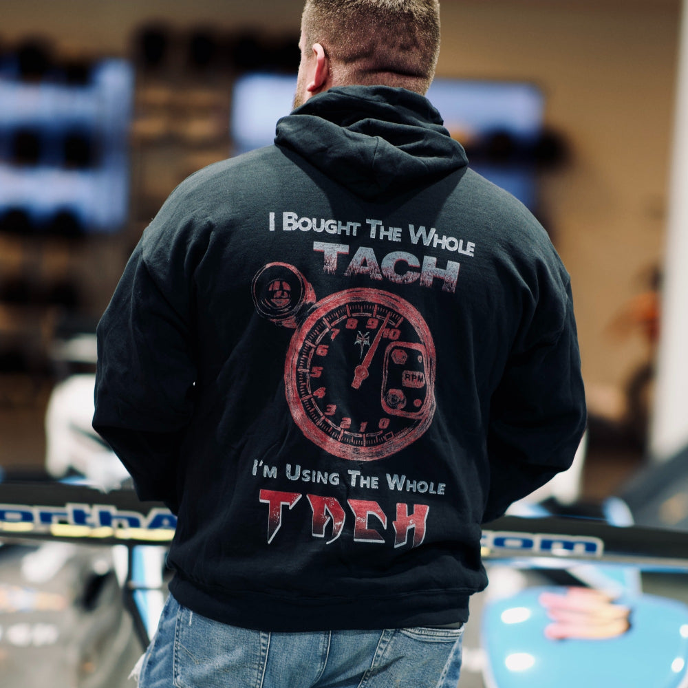 Devon Built Whole Tach hoodie with hand-drawn tachometer artwork, alternate view 2