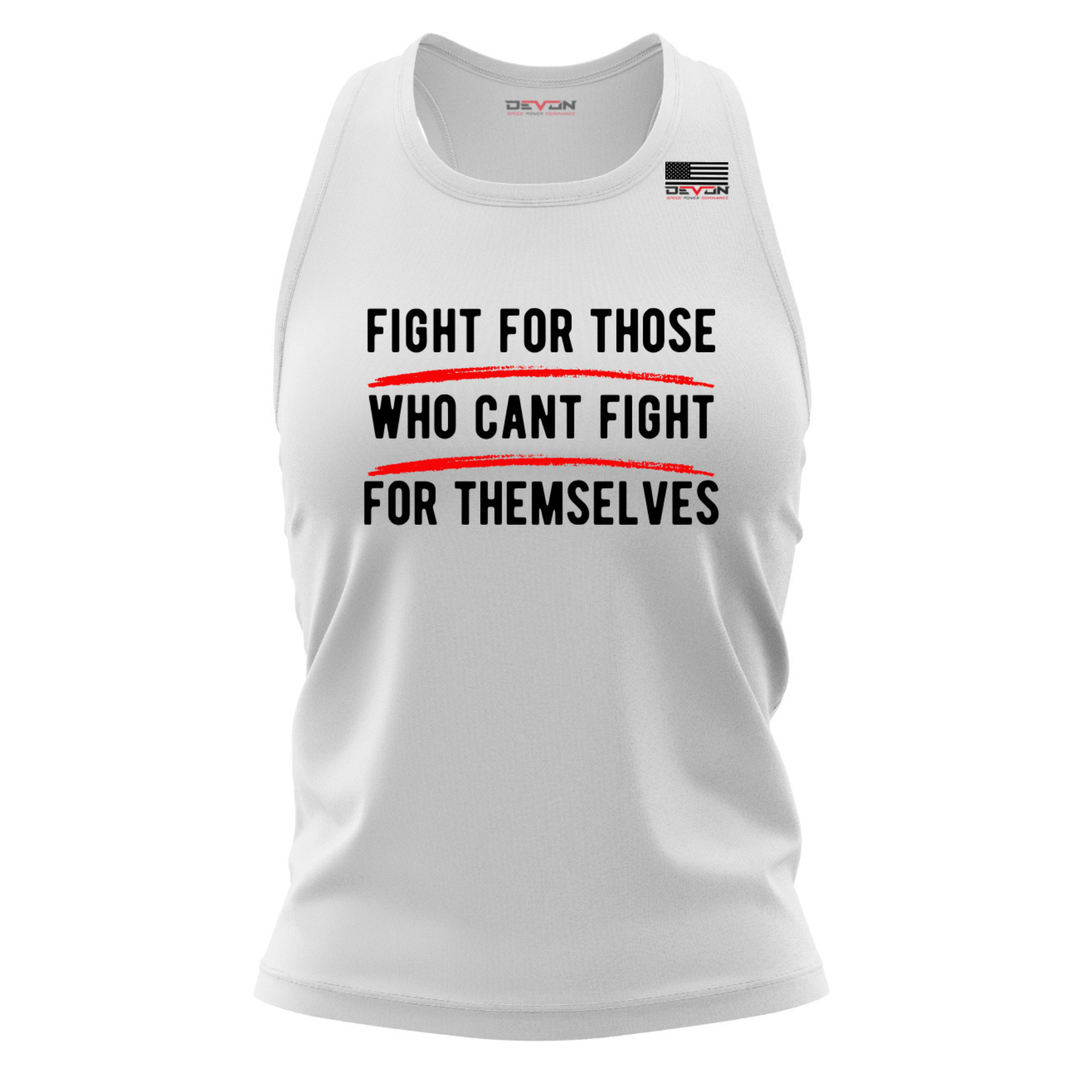 Devon Built white Break Chains tank top with anti trafficking graphic, front view