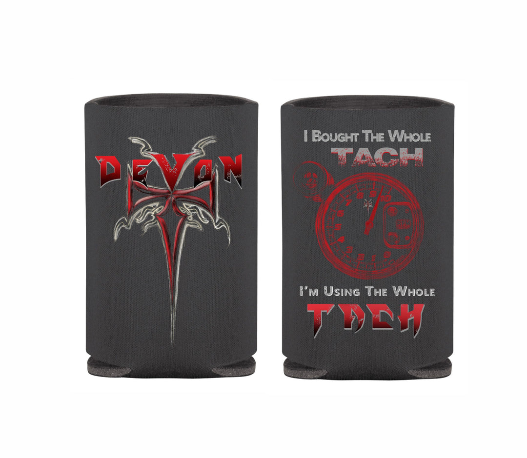 Devon Built black can koozie 2-pack with Cross and Whole Tach graphics, front view