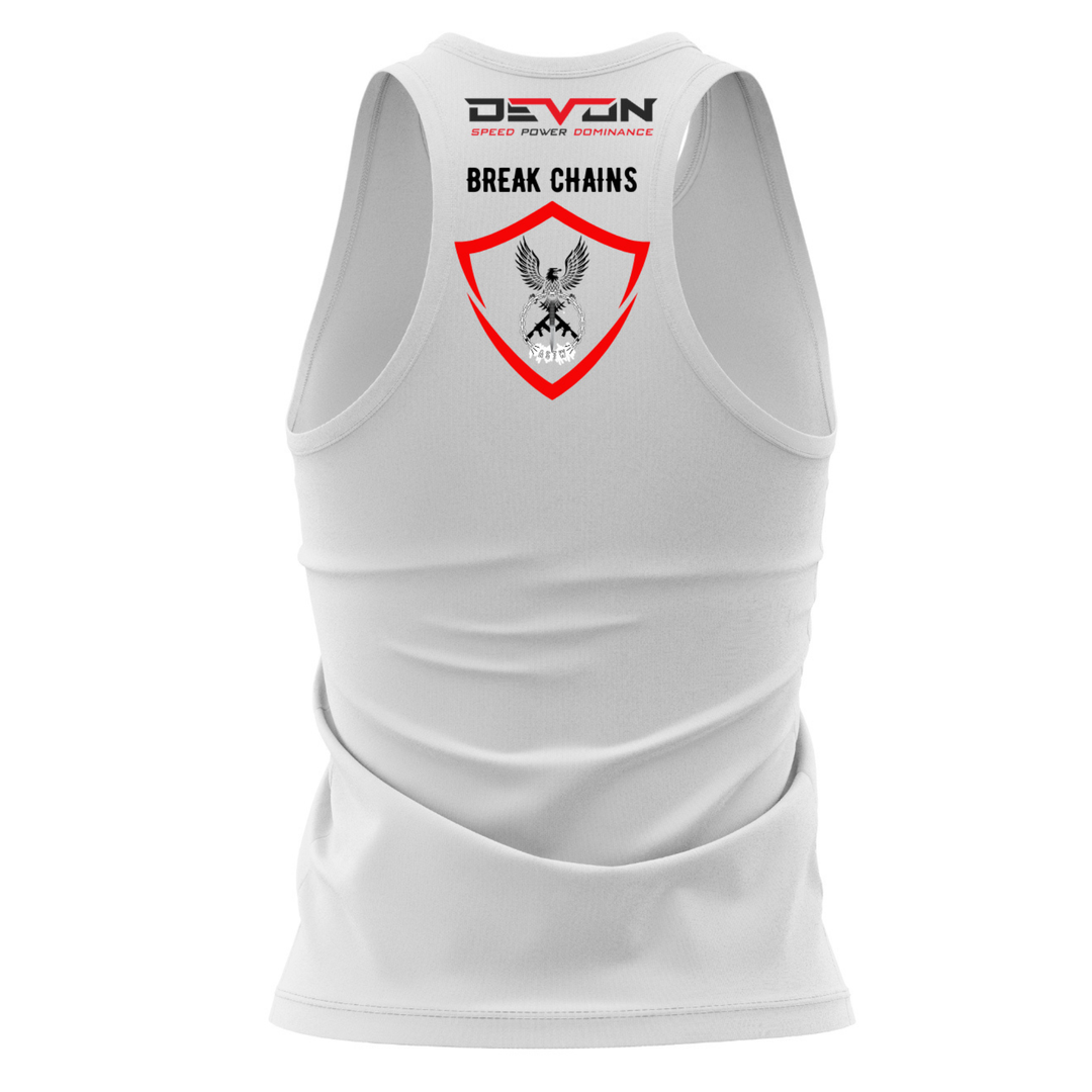 Devon Built white Break Chains tank top with anti trafficking graphic, alternate view