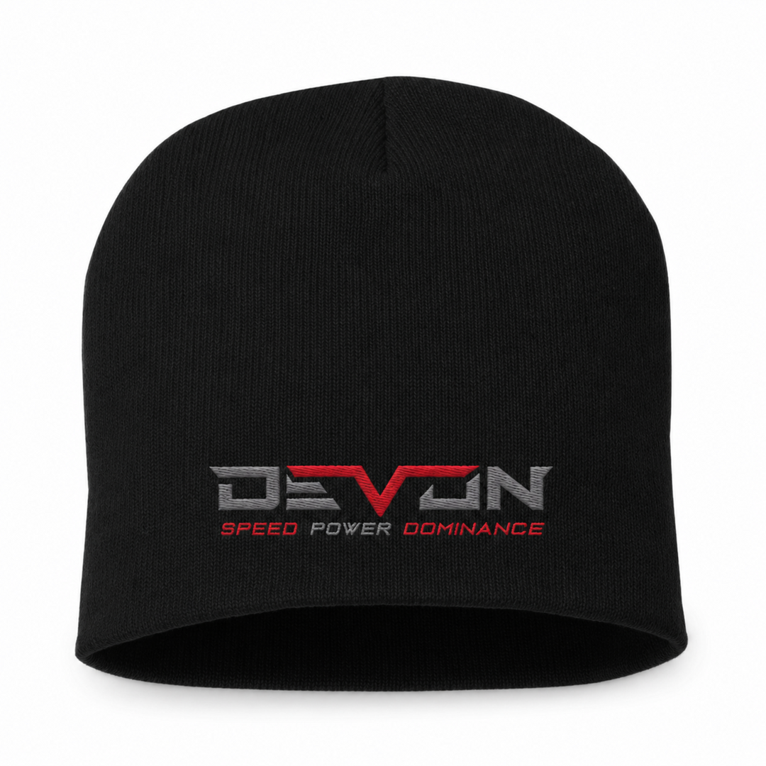 Devon Built knit beanie with logo, front view