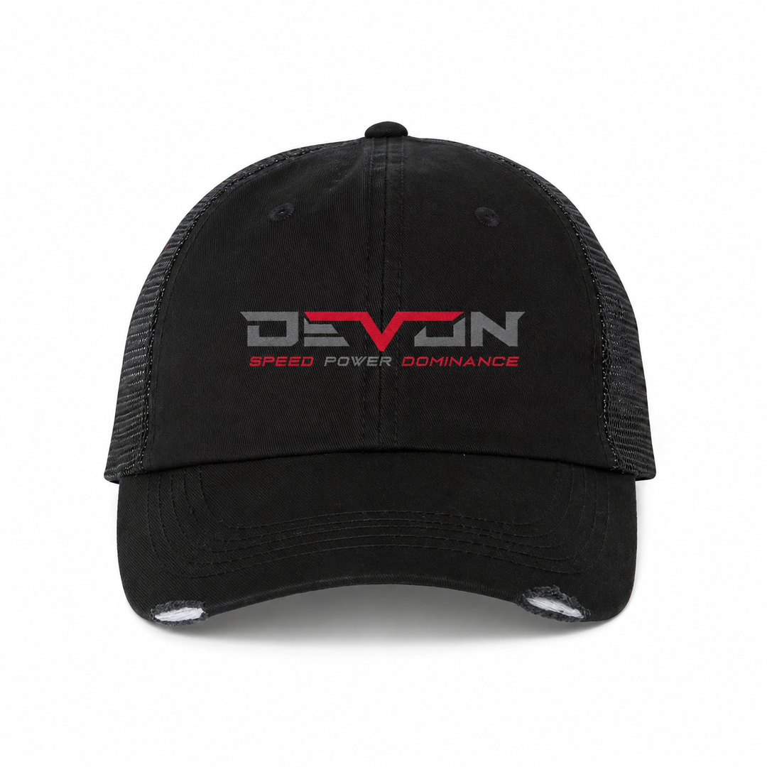 Devon Built distressed snapback hat with logo on front panel, front view