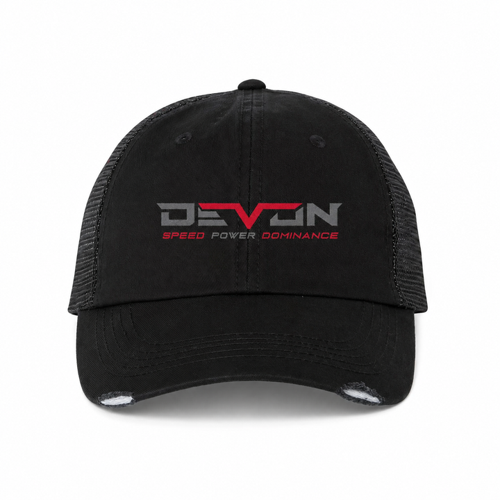 Devon Built distressed snapback hat with logo on front panel, front view