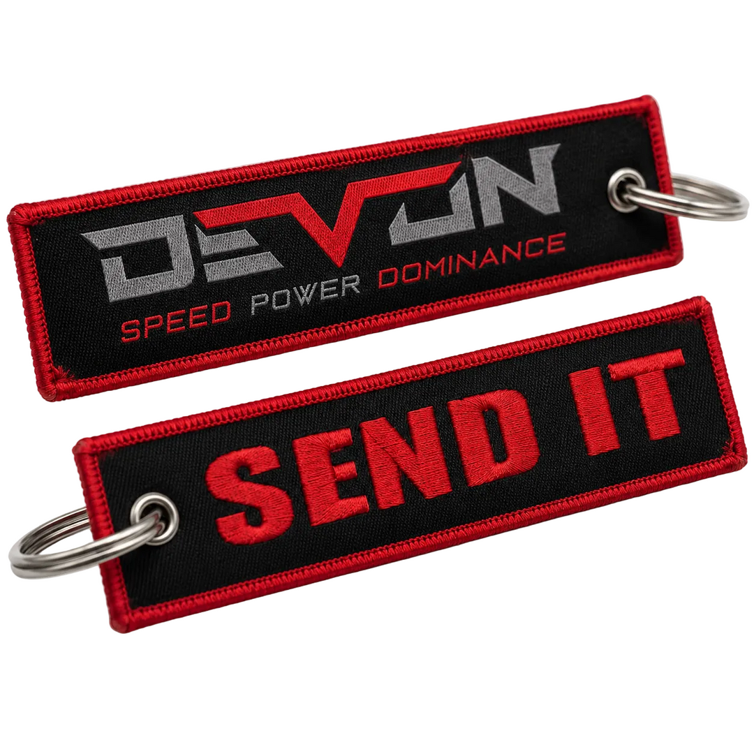 Devon Built Send It keychain with bold slogan graphic, front view