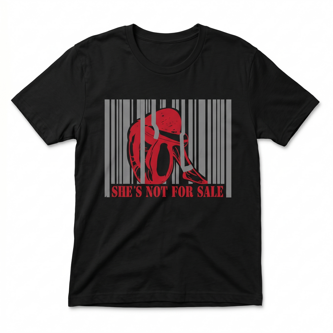 Devon Built She's Not For Sale tee with barcode graphic, front view