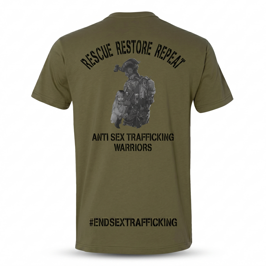 Devon Built Rescue Restore Repeat anti trafficking tee, front view
