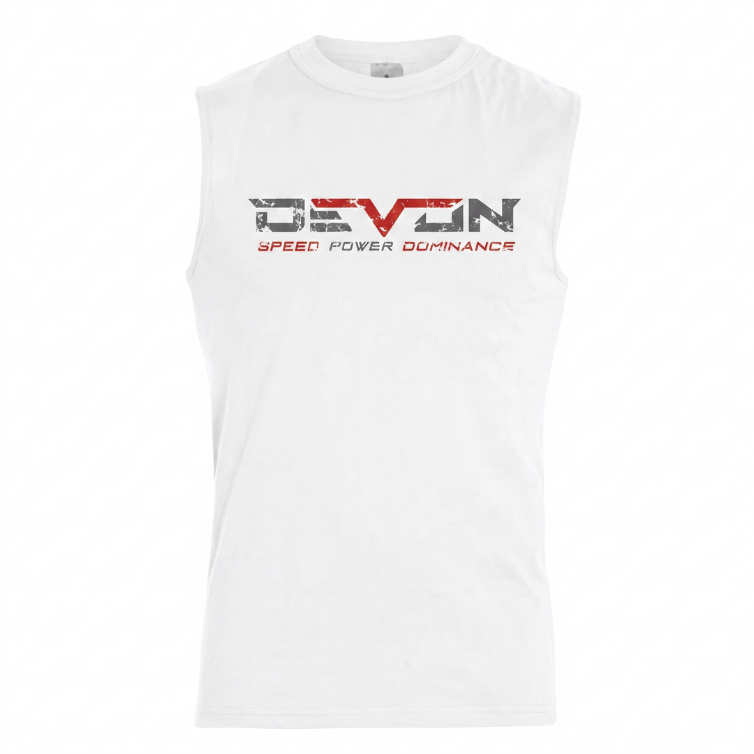 Devon Built white Winged Cross muscle tank with winged cross graphic, alternate view