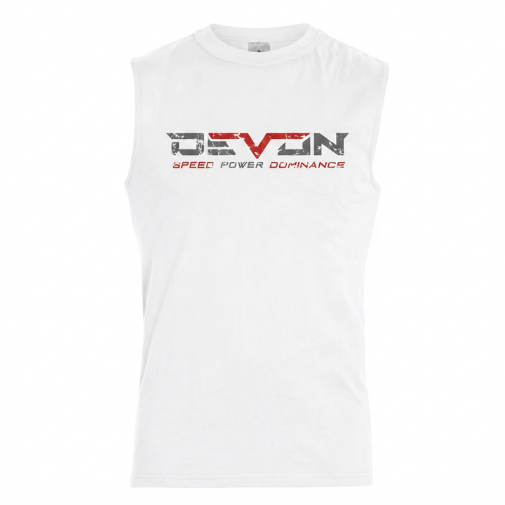 Devon Built white Winged Cross muscle tank with winged cross graphic, alternate view
