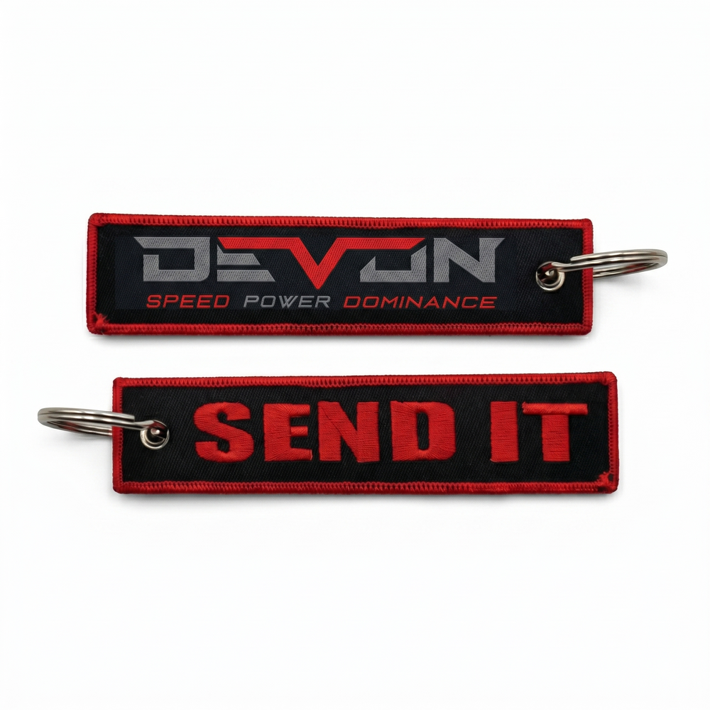 Devon Built Send It keychain with bold slogan graphic, alternate view