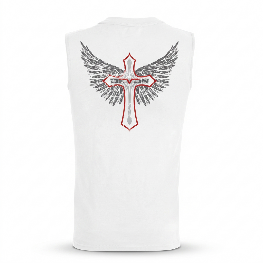 Devon Built white Winged Cross muscle tank with winged cross graphic, front view