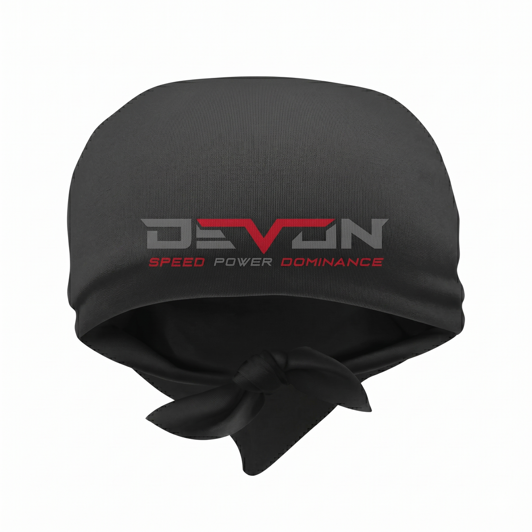 Devon Built black bandana with centered logo, front view