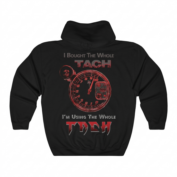 Devon Built Whole Tach hoodie with hand-drawn tachometer artwork, front view