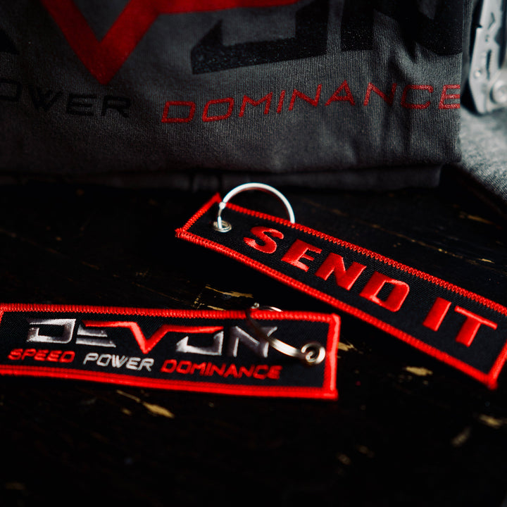 Devon Built Send It keychain with bold slogan graphic, alternate view 2