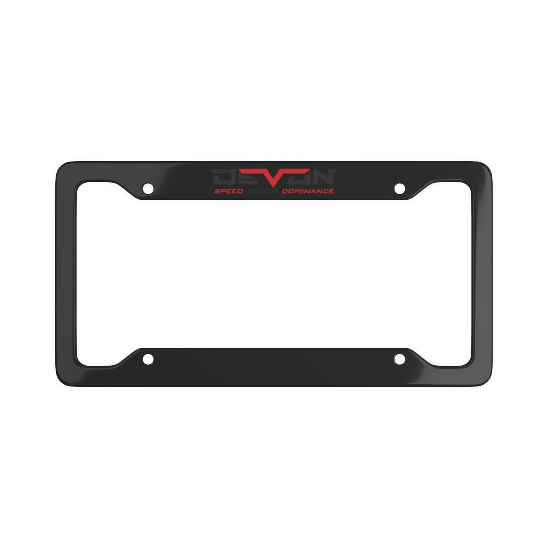 Devon Built matte aluminum license plate frame with logo, front view