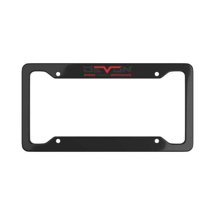 Devon Built matte aluminum license plate frame with logo, front view