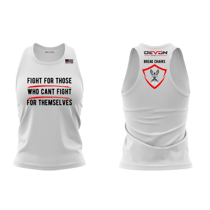 Devon Built white Break Chains tank top with anti trafficking graphic, alternate view 2